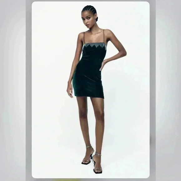 Zara Green Velvet Mini Dress Fringe Rhinestone Spaghetti Strap Cocktail Party - Picture 10 of 15